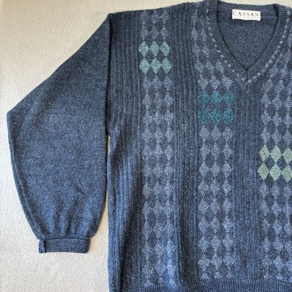 VTG Cassan Bueckle Sweater Mens L Blue Argyle Diamond Knit Pullover Grandpa 90s - Picture 4 of 15